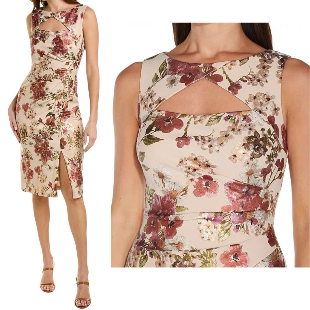 NWT ADRIANNA PAPELL DRESS 14 WEDDING GUEST RED FOIL BEIGE FLORAL COCKTAIL PARTY - Picture 3 of 14
